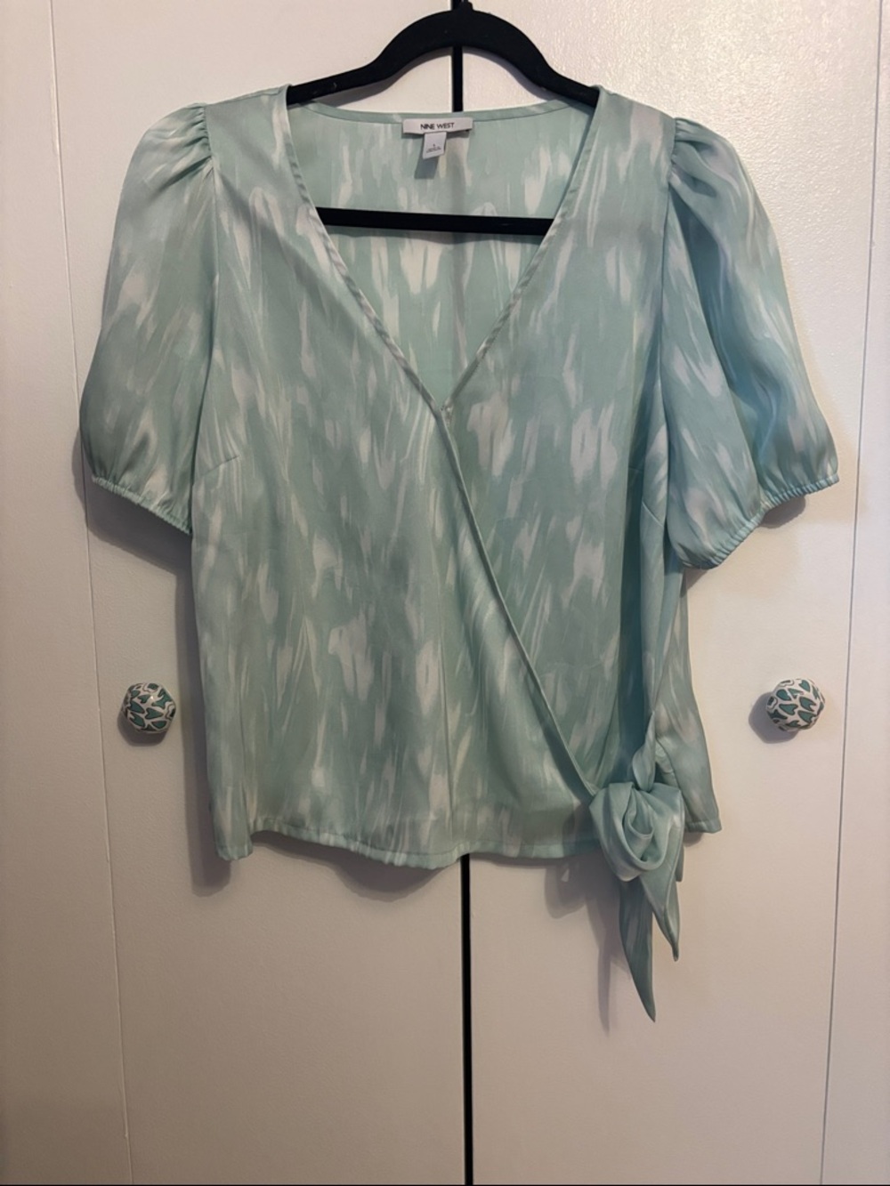 Nine West Light Mint Green Marble Tie-Waist Wrap Blouse